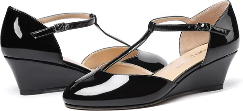 Vista 6 de MODENCOCO Zapatos de tacón bajo con cuña de patente de moda con hebilla de correa en T para mujer 2 pulgadas