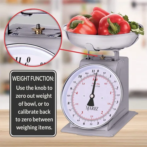 Vista 6 de MARLIZ Báscula de cocina mecánica de estilo antiguo antiguo de 11 libras con 2 tazones Báscula analógica de alimentos para cocina Gris
