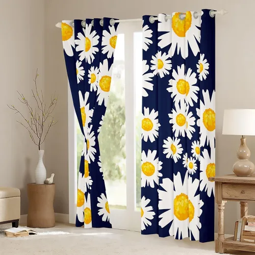 Vista 4 de Cortinas opacas de margaritas blancas, cortinas florales Trippy para niños y niñas, flores amarillas de jardín, 76 x 45 pulgadas, cortinas