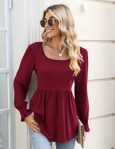 Vista 3 de Widmile Blusa de manga abombada para mujer, estilo casual, cuello cuadrado, con estampado floral, con encaje