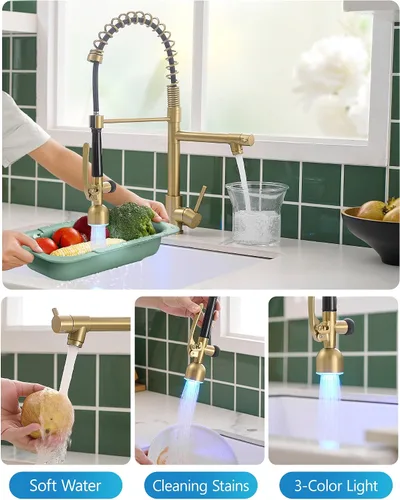 Vista 3 de Fapully Grifo de cocina de una sola manija con arco alto, dorado cepillado, extraíble con LED, grifos de fregadero de cocina de una sola palanca