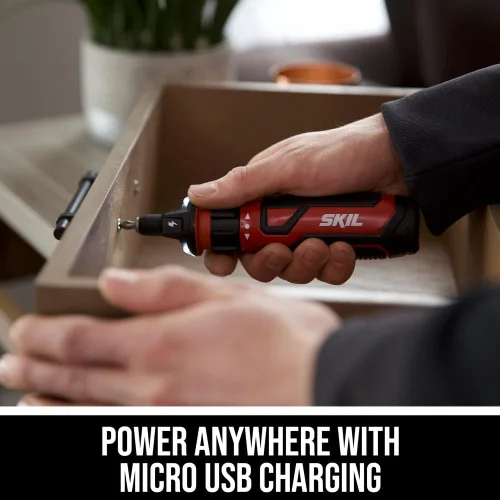 Vista 4 de SKIL - Destornillador inalámbrico recargable de 4 V con tecnología de sensor de circuito, incluye 45 piezas, cable de carga USB, funda de transporte