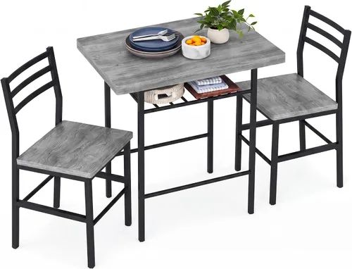 Vista 10 de JUMMICO Juego de mesa redonda y silla de madera de 3 piezas, ahorro de espacio, rincón de desayuno, mesa de grano de madera con marco de metal