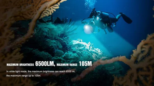 Vista 3 de TrustFire DF50 - Luz de buceo, 6500 lúmenes, cámara de video, linterna LED de buceo, linterna recargable por USB, 229.7 ft bajo el agua, súper