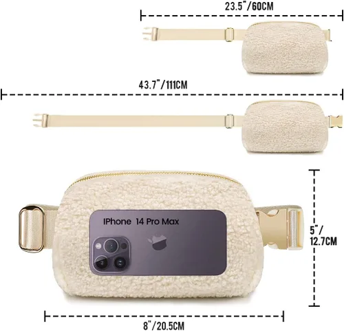 Vista 3 de Riñonera impermeable para mujer, riñonera, a la moda, con correa ajustable para gimnasio, entrenamiento, viajes, Forro polar beige., Moda