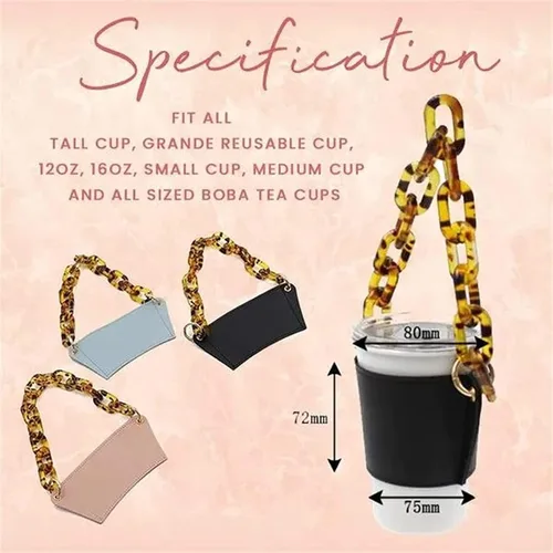 Vista 6 de Soporte de cuero de lujo para bebidas con mango de bebidas, soporte reutilizable para tazas de café de viaje, soporte de taza de cadena de metal