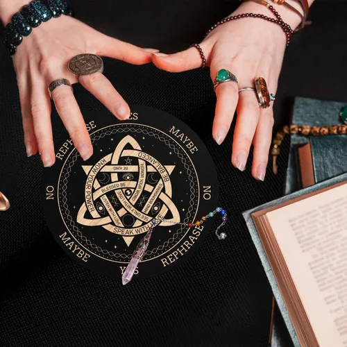 Vista 7 de ORIGACH Tablero de péndulo de nudo de 7.9 pulgadas, tablero de adivinación de brujería de madera con péndulo de radiestesia de cristal