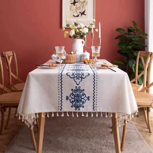 Vista 10 de AMZALI Mantel cuadrado de lino de algodón con bordado de hojas, diseño para granja, con borlas, sin arrugas, cubierta de mesa para decoración
