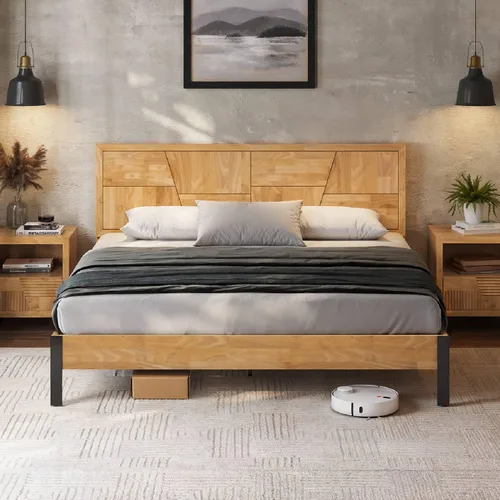 Vista 11 de Estructura de cama Queen en forma de trapecio de Bme – Cama moderna de madera maciza con cabecero de patrón suave, patas de metal negro, acabado