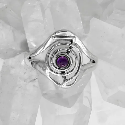 Vista 6 de Moonlight Mysteries Anillo de reiki de plata de ley con símbolo de poder de Cho Ku Rei con piedra preciosa de amatista (talla 4-15)