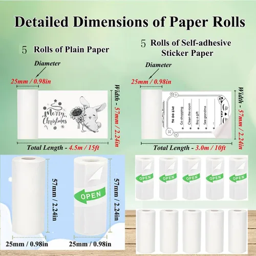 Vista 2 de 10 mini papel de impresora, 2.244 x 0.984 in, 5 rollos de papel térmico autoadhesivo imprimible y 5 rollos de papel de impresión blanco