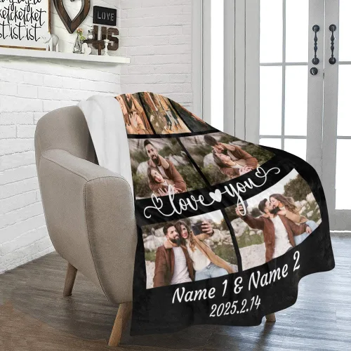 Vista 4 de HUGLAZY Manta personalizada para amantes con texto fotográfico, manta de collage de imágenes personalizada para regalo del día de San Valentín