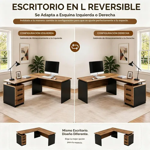 Vista 4 de Escritorio ejecutivo en forma de L de 63 pulgadas, escritorio industrial moderno de oficina de madera con cajones de bloqueo, gestión de cables