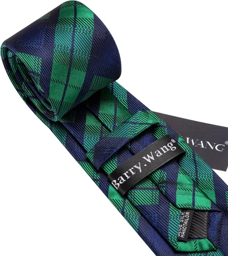 Vista 118 de Barry.Wang Juego de corbatas a cuadros para hombre con pañuelo gemelos de rayas clásicas