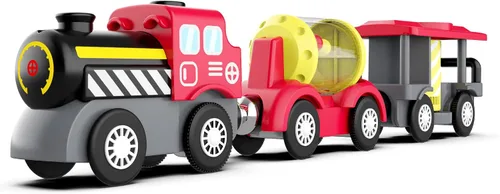 Vista 5 de Accesorios de madera para pistas de tren locomotora a pilas, juguete de tren magnético para niños pequeños, motor potente que celebra el tren, se