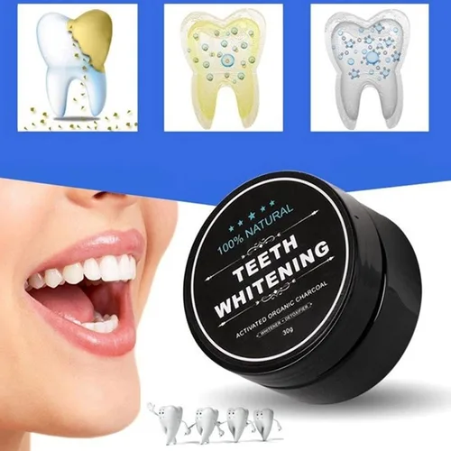 Vista 5 de Polvo de carbón para blanquear los dientes, polvo blanqueador de dientes para el cuidado bucal Establece coco natural, sin daño en esmalte o encías