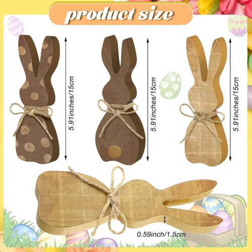 Vista 2 de 3 piezas de decoración de conejo de madera de Pascua con cuerda, letrero de decoración de conejo rústico de 5.91 pulgadas, centro de mesa de conejo