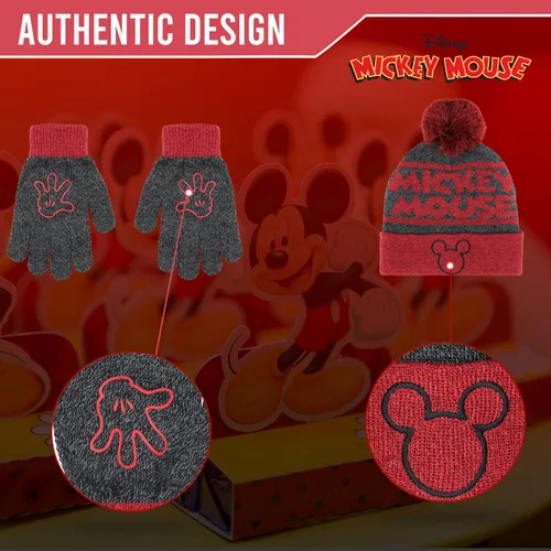 Vista 5 de Mickey Mouse - Juego de 2 piezas de sombrero y guantes de nieve para niños y niños, gorro cálido con pompones y bonitos guantes rojos