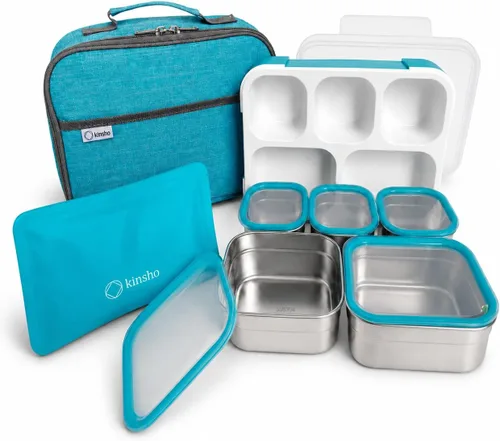 Vista 10 de Juego de Lonchera Bento de Acero Inoxidable para Adultos, Niños - Bolsa Aislante y Paquete de Hielo - Compartimento de Metal a Prueba de Fugas
