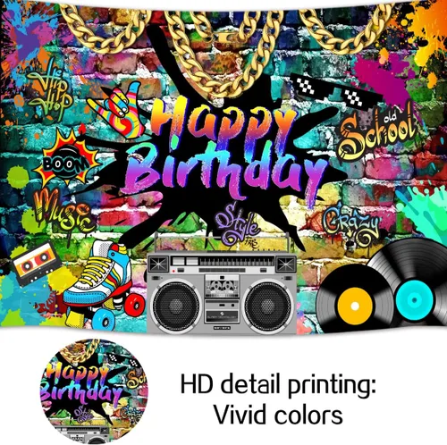 Vista 5 de Telón de fondo de cumpleaños de Hip Hop de 5 x 3 pies, tema de los años 80 y 90, graffiti de ladrillo de roca, fondo de fotos retro para fiesta