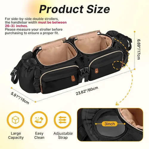 Vista 2 de Boomistry - Organizador doble para cochecito con 2 bolsillos refrigerantes, color negro Para Bob Duallie y Baby Jogger City Mini GT2, soporte