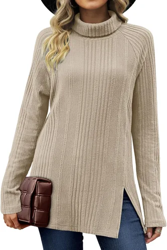 Vista 2 de OFEEFAN Camisetas de manga larga para mujer, cuello alto, túnica para otoño e invierno con abertura frontal