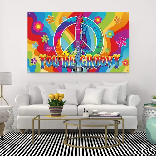 Vista 4 de Blulu Pancarta de decoración de fiesta hippie de los años 60 y 70, 73 x 44 pulgadas, decoración grande con temática de Groovy You are Groovy Tie Dye