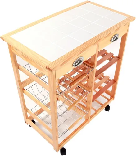 Vista 7 de Carrito de cocina de madera rodante de 3 niveles, carrito utilitario de almacenamiento sobre ruedas con cajones Shleves y estante para vino