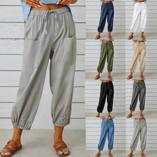 Vista 3 de Pantalones campesinos para mujer, pantalones capri de algodón y lino, pantalones de yoga 34, cintura elástica, pantalones de descanso recortados