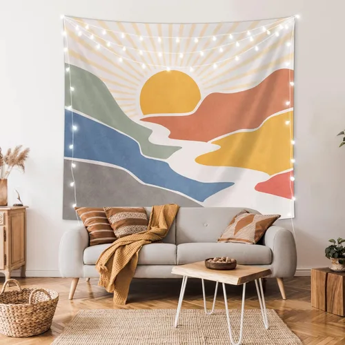 Vista 2 de SUOTEMEIFEI Tapiz bohemio de sol de montaña, arte simple, diseño de amanecer, naturaleza, puesta de sol, paisaje, abstracto, estético, decoración