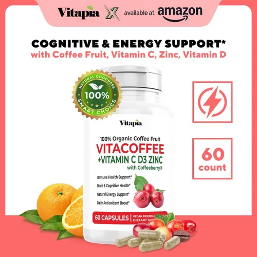 Vista 2 de Vitacoffee Píldoras de cafeína – Fruta de café, vitamina C, vitamina D, gluconato de zinc – Energía, memoria, enfoque, antioxidante, soporte
