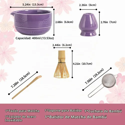 Vista 2 de Juego de té matcha tradicional con batidor de bambú, cuenco y soporte de cerámica morado, estilo japonés de 3 piezas (púrpura)