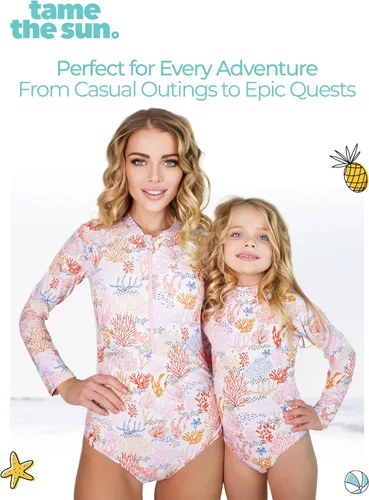 Vista 6 de Tame the Sun Traje de baño de manga larga para niñas, traje de baño de una pieza con protección contra erupciones, UPF 50+ con cremallera para niñas
