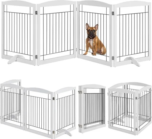 Vista 12 de Yaheetech Puerta extra ancha independiente para perros, valla plegable para cachorros con pies de apoyo adecuada para puertas, escaleras, 98 Espresso