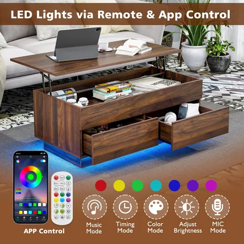 Vista 3 de HOMMPA Mesa de centro moderna con tapa elevable con almacenamiento para sala de estar, mesa de centro LED, mesa de comedor de madera con 2 cajones