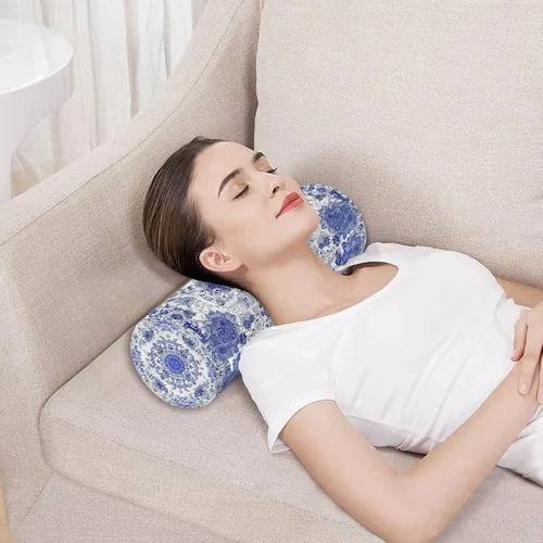 Vista 5 de Rollo cervical para el cuello, almohada redonda de porcelana azul y blanca, almohada de espuma viscoelástica lavable, almohada de refuerzo