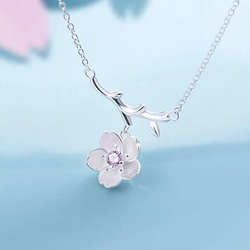 Vista 2 de SEniutarm Collares para mujeres y niñas Flores de cerezo flores ramas de árbol colgante collar mujer elegante joyería colgante cadena de San