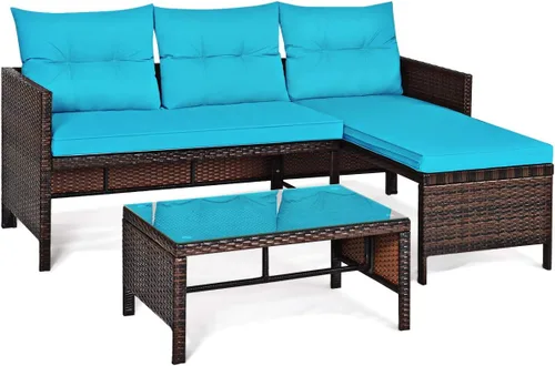 Vista 9 de Juego de sofá seccional de ratán de 3 piezas, juego de conversación de mimbre para patio con diván, asiento de amor y mesa auxiliar, juego de Marrón
