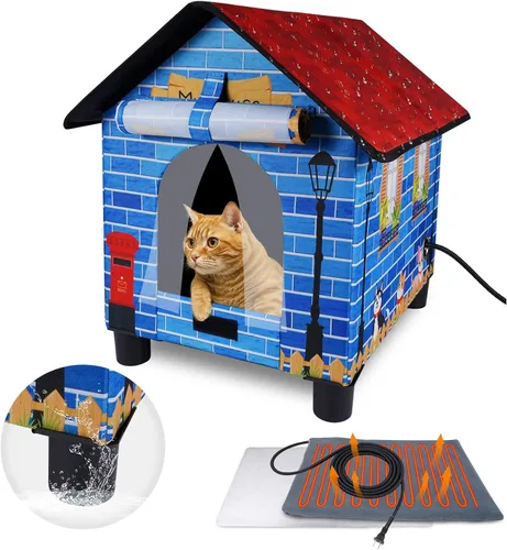 Vista 10 de FHTONGE Casa elevada para gatos con calefacción para gatos al aire libre en invierno, resistente a la intemperie, refugio para gatos con 2