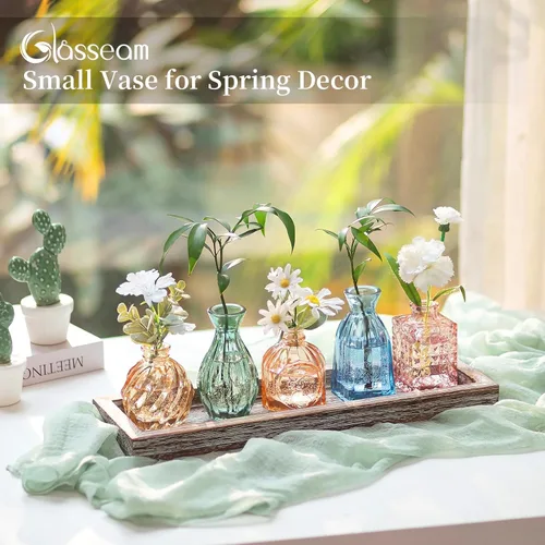 Vista 4 de Glasseam Jarrones de cristal para flor: 5 coloridos jarrones pequeños con bandeja de madera rústica para el hogar, oficina, sala de estar, baño