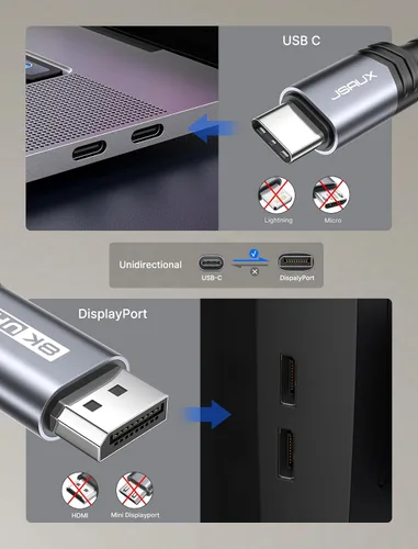 Vista 3 de JSAUX Cable USB C a DisplayPort 1.4 [8K @60Hz, 4K @144Hz, 2K @240Hz] USB C a Displayport compatible con MacBook Pro/Air de 32.4 Gbps