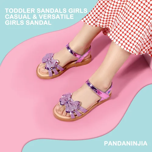 Vista 2 de PANDANINJIA Sandalias para niñas, puntera abierta, bonitos zapatos planos de princesa para niñas, zapatos de vestir brillantes de verano para bebés