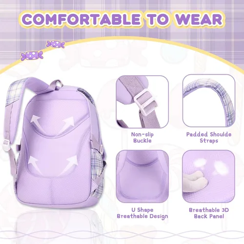 Vista 4 de PIG PIG GIRL Mochila para niñas, mochila ligera para niños, mochila escolar kawaii para escuela primaria, Púrpura, Mochilas Daypack