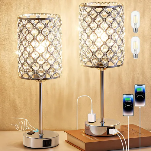 Vista 12 de Lámpara de mesa de cristal con control táctil, lámpara de mesita de noche regulable con puertos de carga USB-C+A y CA, lámpara USB dorada de 3 vías