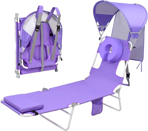 Vista 12 de Silla de bronceado de playa con mochila y toldo con protección solar y orificio para la cara, silla de sol plegable de 6 posiciones para adultos
