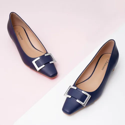Vista 2 de C.Paravano Zapatos de tacón grueso con punta cerrada para mujer Tacones bajos de cuero Tacones bajos de punta cuadrada Zapatos de tacón de vestir