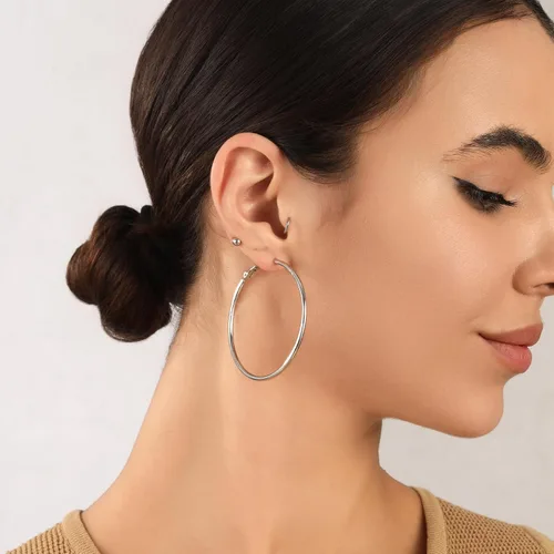 Vista 2 de Aretes de aro grandes de plata de ley de 0.079 pulgadas para mujer, aros de plata grandes hipoalergénicos, sin finos, finos y de gran