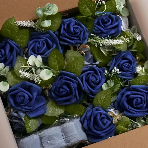 Vista 6 de Arreglo floral de pasillo para la ceremonia de la boda, juego de 10 flores para sillas de la iglesia, decoración para fiestas con flores Azul
