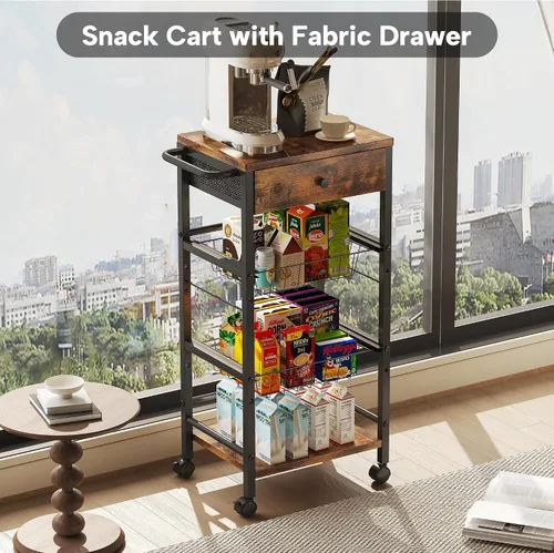 Vista 4 de Organizador de cocina y carrito de almacenamiento con cajón de tela y asa práctica, carrito organizador de aperitivos con 2 cestas extraíbles y 2