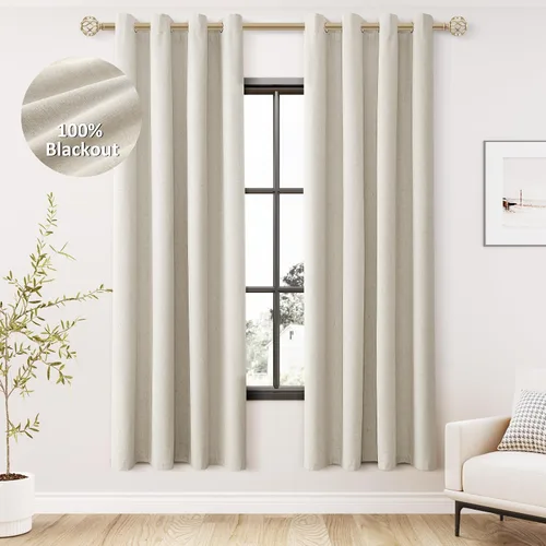 Vista 74 de Beige White Linen Blackout Curtains 90 Length 2 Panels Set for Living Room Bedroom, 100% Black Out Thermal Insulated Linen Drapes, Room Darkening